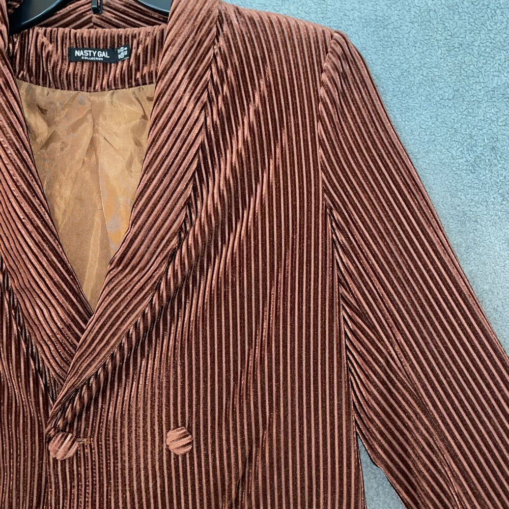 Nasty Gal Blazer Jacket Ribbed Velvet Double Breasted Brown Bronze Size 8 - Picture 3 of 16